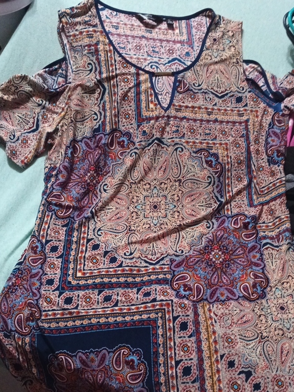 Cold-Shoulder Paisley Midi Dress in Navy and Cream
